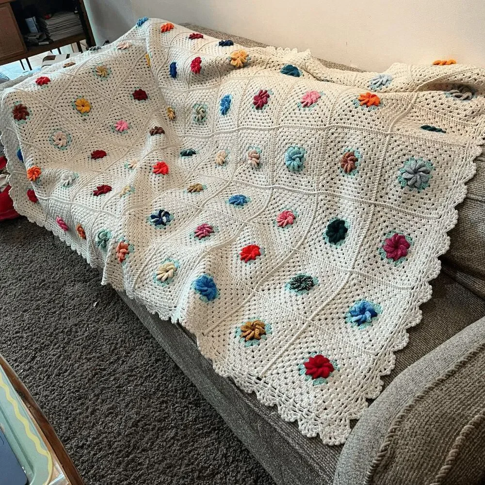 Handmade Crochet Afghan Blanket Puff 3D Flowers Cotton Blend 72x52 Boho Cottagec